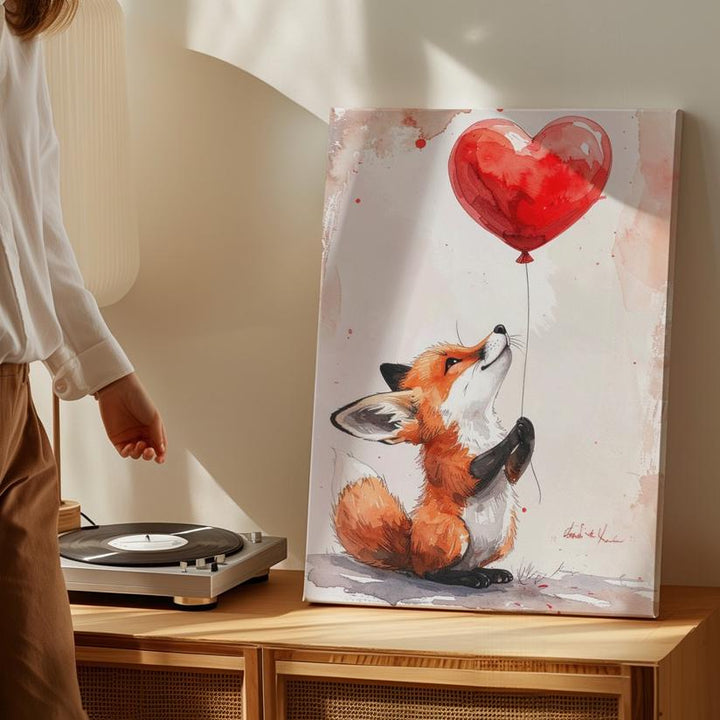 Whimsical Fox with Heart Balloon Canvas – Cute and Innocent Love Art - Gifitto