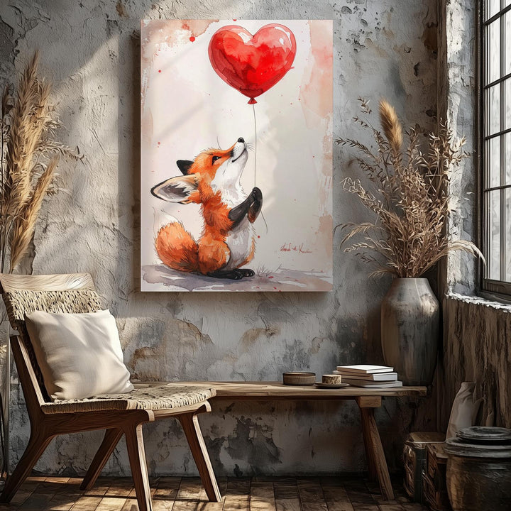 Whimsical Fox with Heart Balloon Canvas – Cute and Innocent Love Art - Gifitto