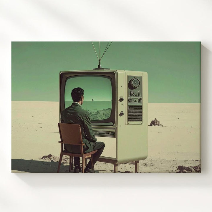 Surreal Man & TV Canvas – Minimalist Introspective Digital Age Art - Gifitto