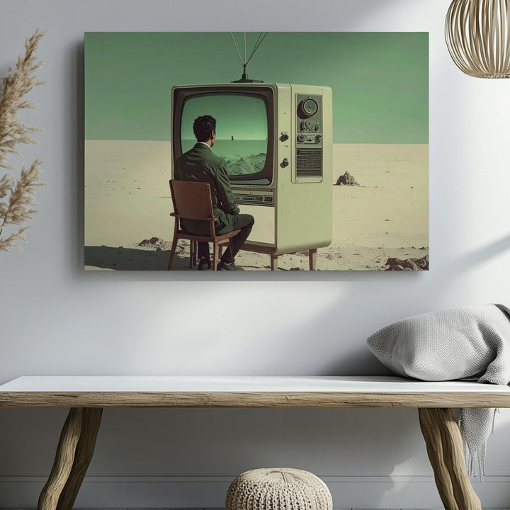 Surreal Man & TV Canvas – Minimalist Introspective Digital Age Art - Gifitto