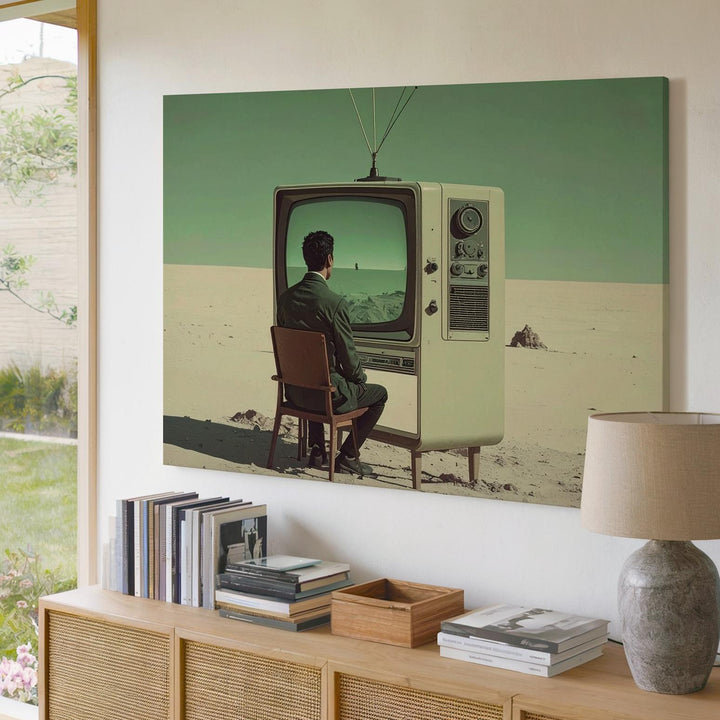 Surreal Man & TV Canvas – Minimalist Introspective Digital Age Art - Gifitto