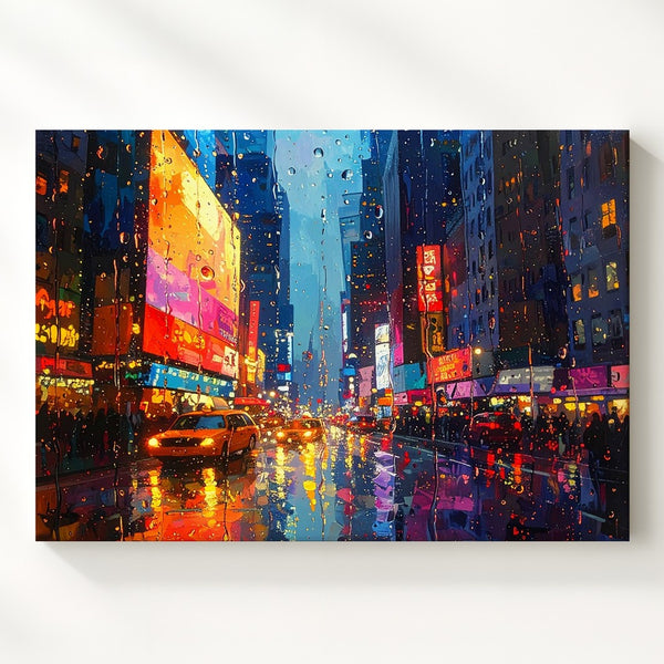 Through the Rain Canvas – Moody City Night Behind Glass Wall Art