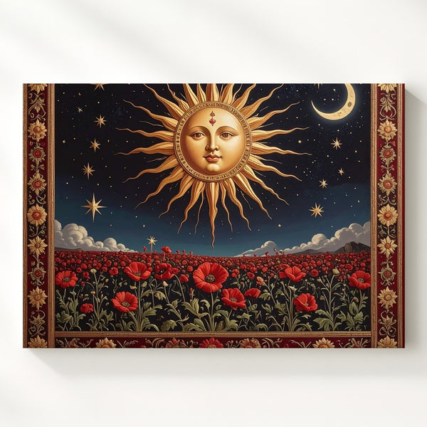 Celestial Sun & Poppy Tapestry Canvas – Vintage Mystic Wall Art - Gifitto