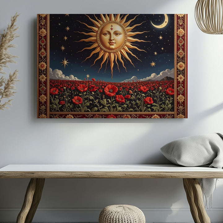 Celestial Sun & Poppy Tapestry Canvas – Vintage Mystic Wall Art - Gifitto