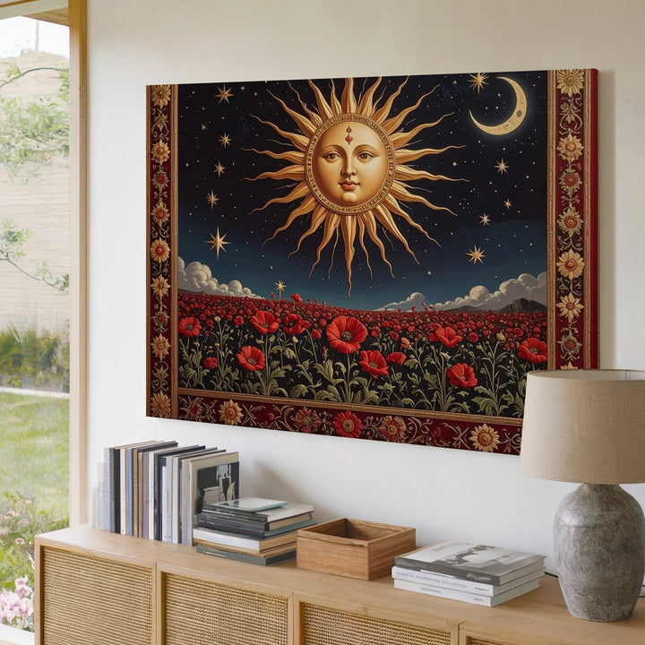 Celestial Sun & Poppy Tapestry Canvas – Vintage Mystic Wall Art - Gifitto