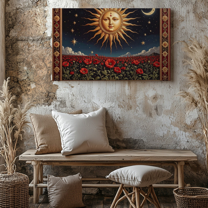 Celestial Sun & Poppy Tapestry Canvas – Vintage Mystic Wall Art - Gifitto