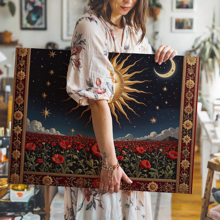 Celestial Sun & Poppy Tapestry Canvas – Vintage Mystic Wall Art - Gifitto