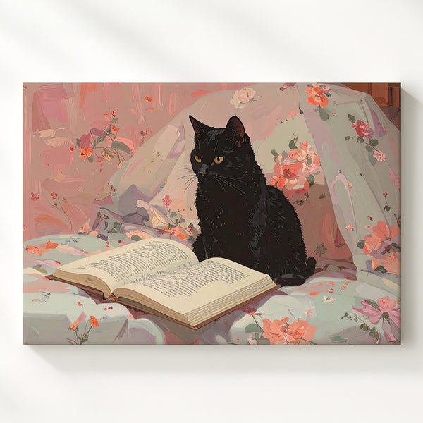 Thoughtful Black Cat Reading Canvas – Stylized Feline on Floral Bedspread - Gifitto
