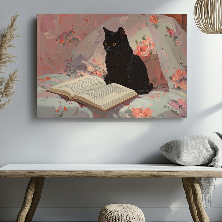 Thoughtful Black Cat Reading Canvas – Stylized Feline on Floral Bedspread - Gifitto