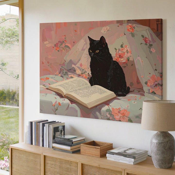 Thoughtful Black Cat Reading Canvas – Stylized Feline on Floral Bedspread - Gifitto
