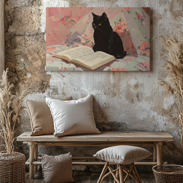 Thoughtful Black Cat Reading Canvas – Stylized Feline on Floral Bedspread - Gifitto