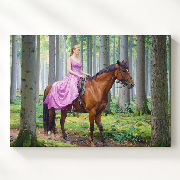 Enchanted Glade Canvas – Elegant Women on Chestnut Horses in Mystical Forest - Gifitto