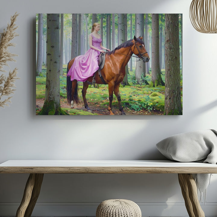Enchanted Glade Canvas – Elegant Women on Chestnut Horses in Mystical Forest - Gifitto