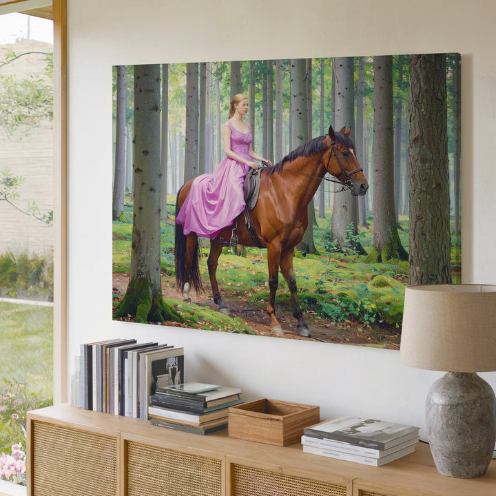 Enchanted Glade Canvas – Elegant Women on Chestnut Horses in Mystical Forest - Gifitto