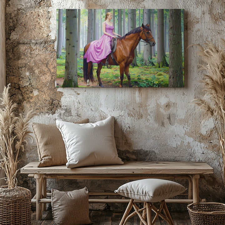 Enchanted Glade Canvas – Elegant Women on Chestnut Horses in Mystical Forest - Gifitto