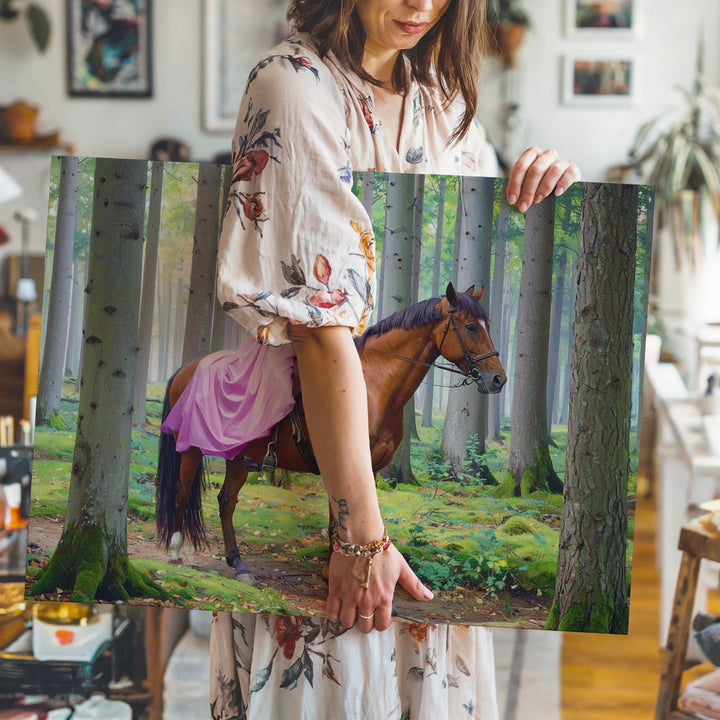 Enchanted Glade Canvas – Elegant Women on Chestnut Horses in Mystical Forest - Gifitto