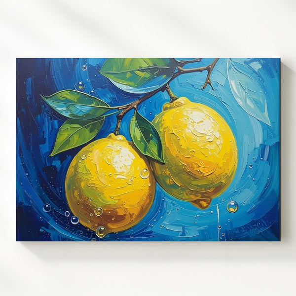 Bold Lemon Branch Canvas – Stylized Oil Painting with Swirling Blue Background - Gifitto