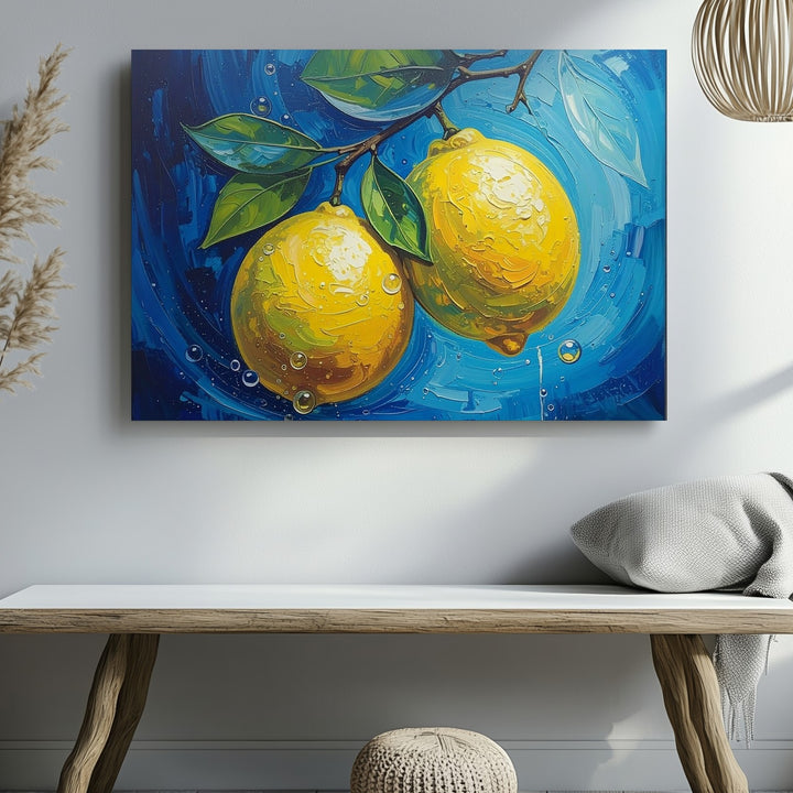 Bold Lemon Branch Canvas – Stylized Oil Painting with Swirling Blue Background - Gifitto