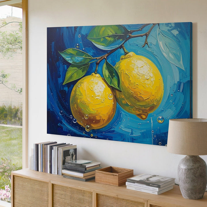 Bold Lemon Branch Canvas – Stylized Oil Painting with Swirling Blue Background - Gifitto