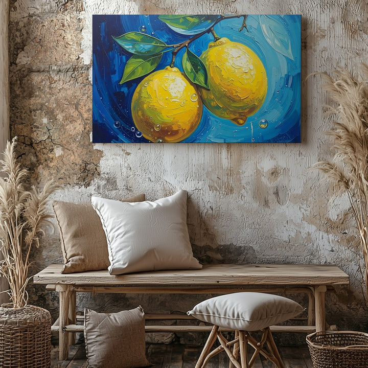 Bold Lemon Branch Canvas – Stylized Oil Painting with Swirling Blue Background - Gifitto