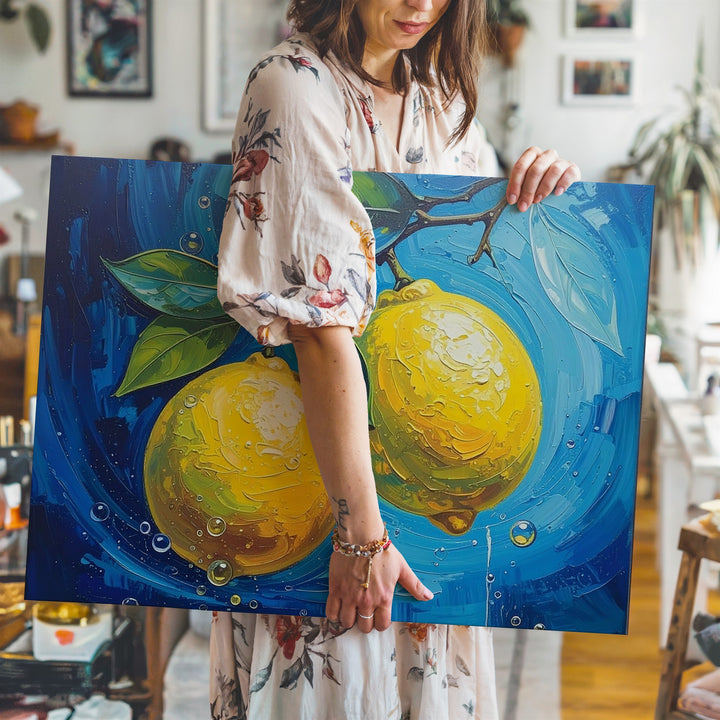 Bold Lemon Branch Canvas – Stylized Oil Painting with Swirling Blue Background - Gifitto