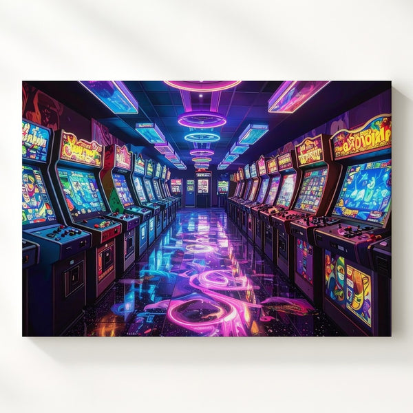 Neon Arcade Corridor Canvas – Retro Gaming Hallway Wall Art - Gifitto