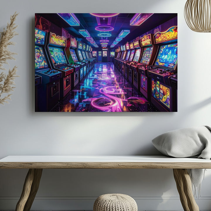 Neon Arcade Corridor Canvas – Retro Gaming Hallway Wall Art - Gifitto