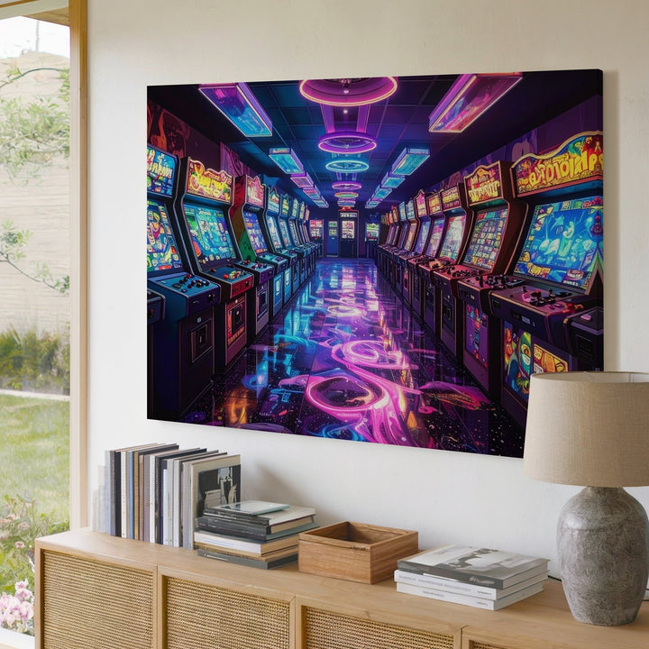 Neon Arcade Corridor Canvas – Retro Gaming Hallway Wall Art - Gifitto