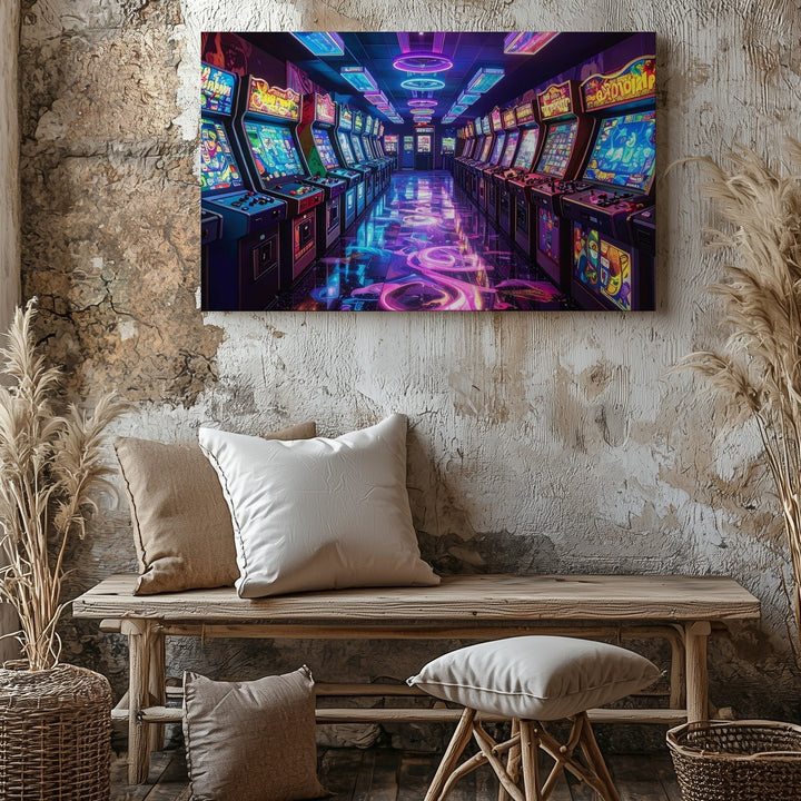 Neon Arcade Corridor Canvas – Retro Gaming Hallway Wall Art - Gifitto
