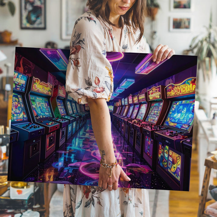 Neon Arcade Corridor Canvas – Retro Gaming Hallway Wall Art - Gifitto