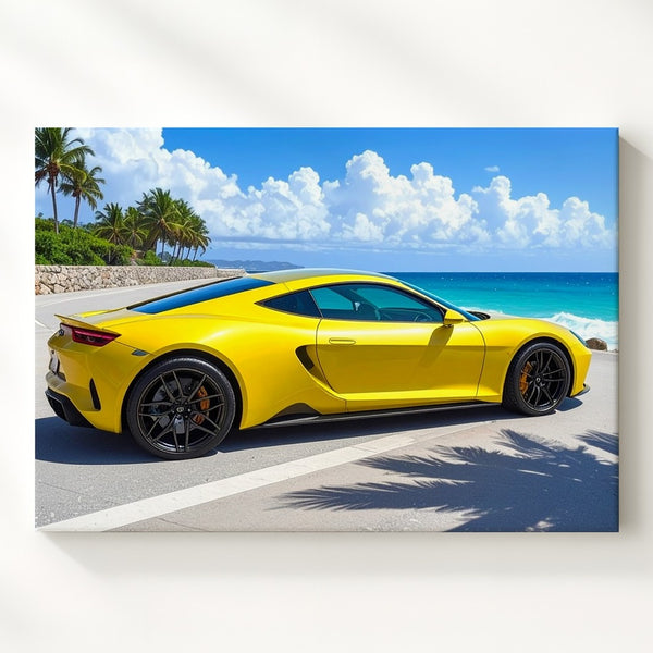 Coastal Drive Canvas – Yellow Sports Car by Tropical Ocean Promenade - Gifitto