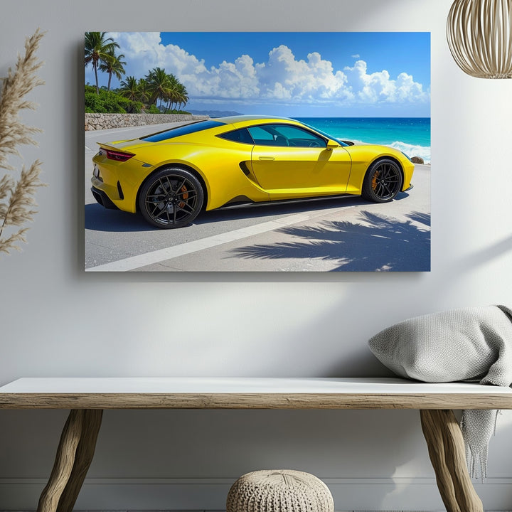 Coastal Drive Canvas – Yellow Sports Car by Tropical Ocean Promenade - Gifitto