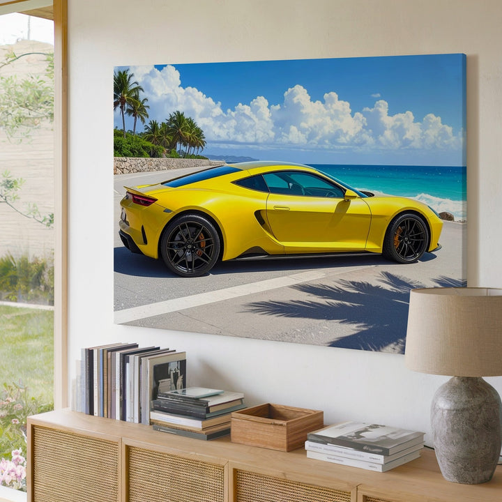 Coastal Drive Canvas – Yellow Sports Car by Tropical Ocean Promenade - Gifitto