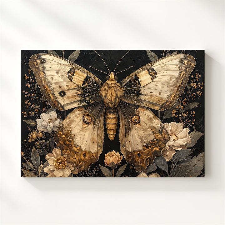Golden Nocturne Moth Canvas – Vintage Botanical Insect Illustration on Black - Gifitto