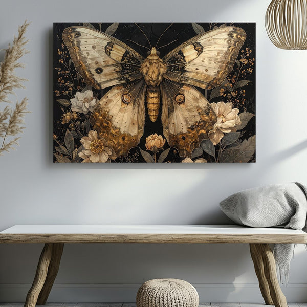 Golden Nocturne Moth Canvas – Vintage Botanical Insect Illustration on Black - Gifitto