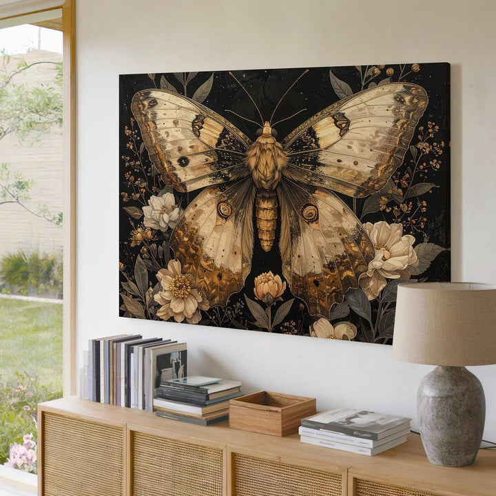 Golden Nocturne Moth Canvas – Vintage Botanical Insect Illustration on Black - Gifitto