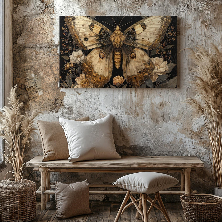 Golden Nocturne Moth Canvas – Vintage Botanical Insect Illustration on Black - Gifitto