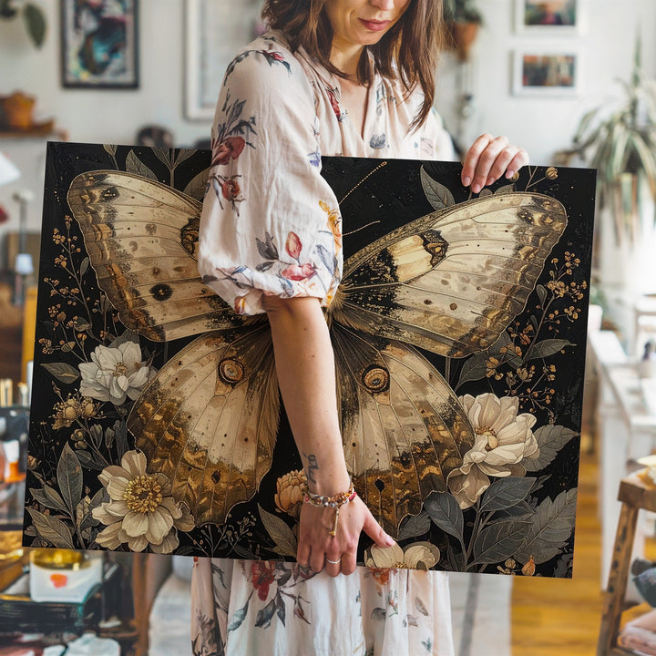Golden Nocturne Moth Canvas – Vintage Botanical Insect Illustration on Black - Gifitto