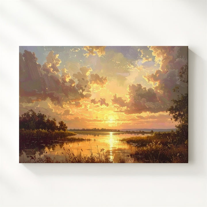 Golden Lake Sunset Canvas – Panoramic Evening Landscape with Reflections - Gifitto