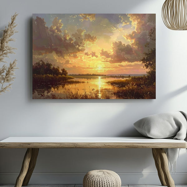 Golden Lake Sunset Canvas – Panoramic Evening Landscape with Reflections - Gifitto