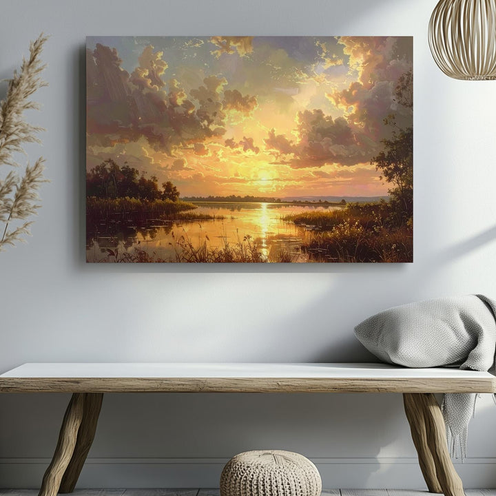 Golden Lake Sunset Canvas – Panoramic Evening Landscape with Reflections - Gifitto