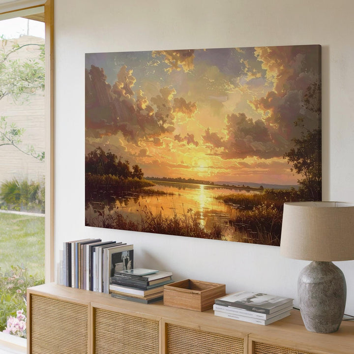 Golden Lake Sunset Canvas – Panoramic Evening Landscape with Reflections - Gifitto