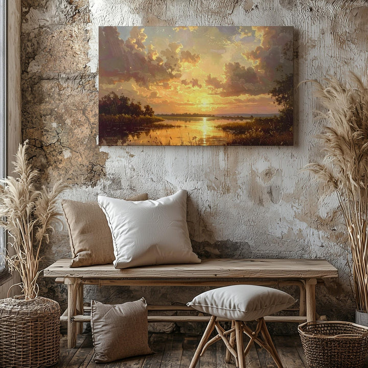 Golden Lake Sunset Canvas – Panoramic Evening Landscape with Reflections - Gifitto