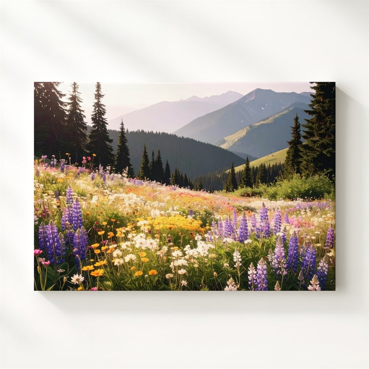 Alpine Bloom Canvas – Vibrant Wildflower Meadow with Mountain Backdrop - Gifitto