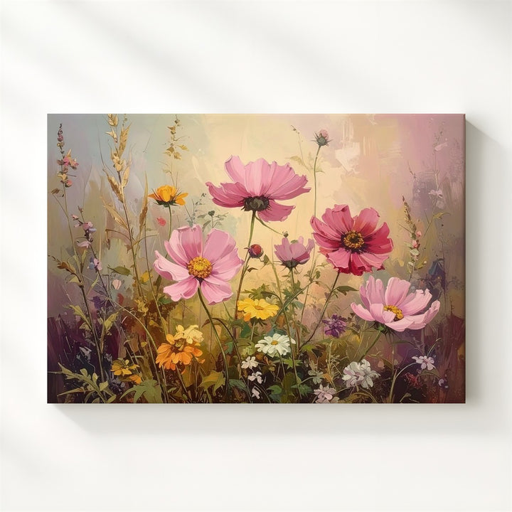 Vintage Wildflower Bouquet Canvas – Soft Pink Cosmos & Botanical Still Life - Gifitto