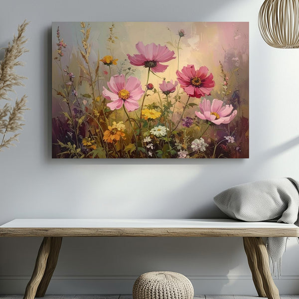 Vintage Wildflower Bouquet Canvas – Soft Pink Cosmos & Botanical Still Life - Gifitto