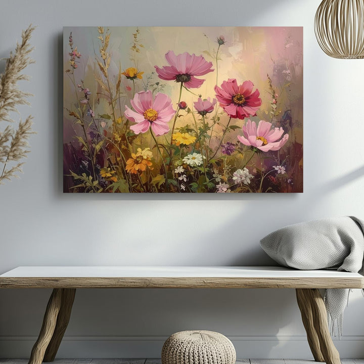 Vintage Wildflower Bouquet Canvas – Soft Pink Cosmos & Botanical Still Life - Gifitto