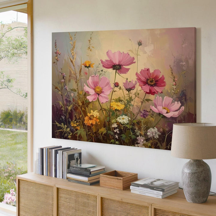 Vintage Wildflower Bouquet Canvas – Soft Pink Cosmos & Botanical Still Life - Gifitto