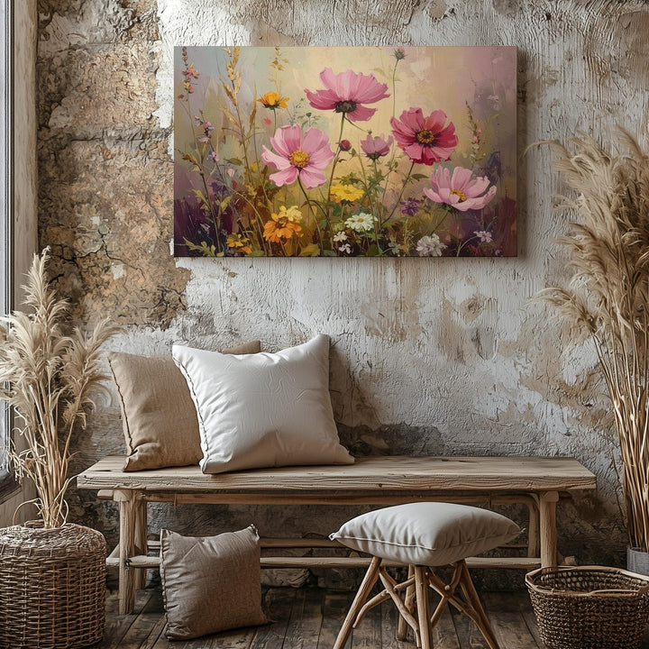 Vintage Wildflower Bouquet Canvas – Soft Pink Cosmos & Botanical Still Life - Gifitto