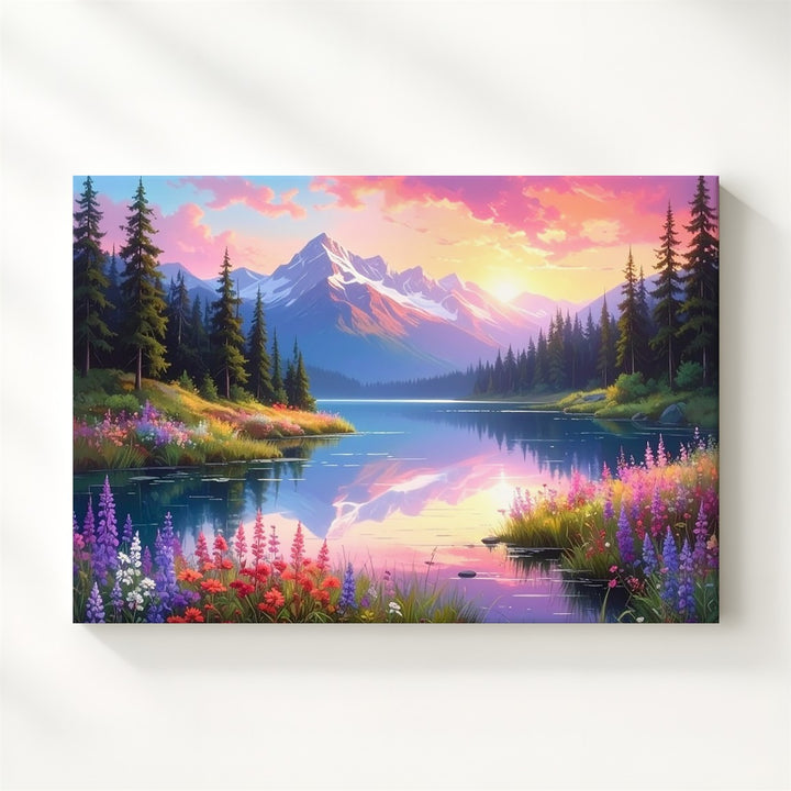 Twilight Mirror Lake Canvas – Fantasy Sunset Landscape with Pines, Wildflowers & Mountains - Gifitto